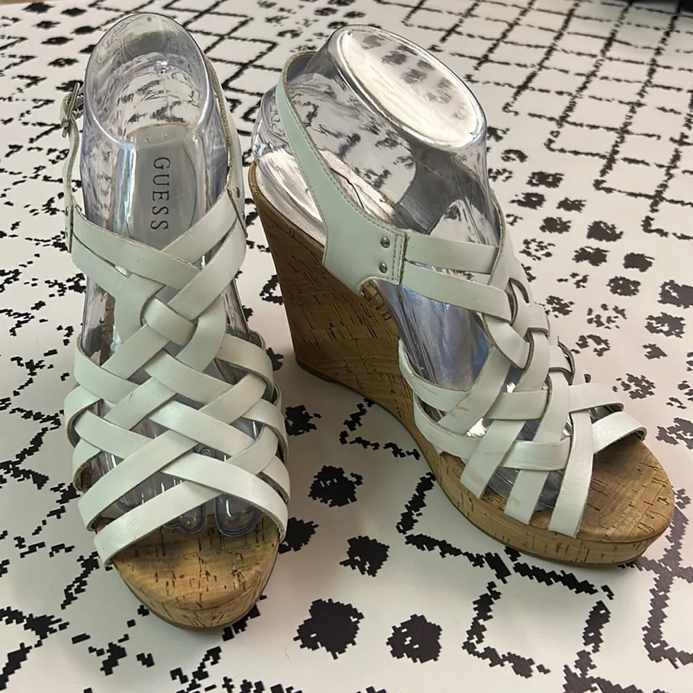 GUESS White Strappy Wedge Sandals, Size 8.5 - GUC